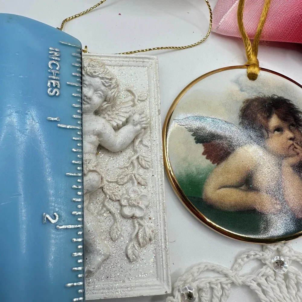 VTG 90s Victorian Christmas Ornament Set Cherub Angel Velvet Hat Pearl 7pc Lot